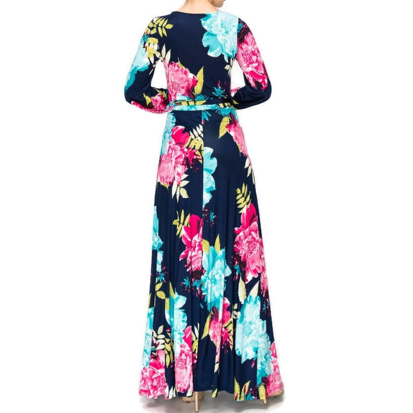 Flower Bomb Boat Neck Long Bell Sleeve Maxi Evening Dress