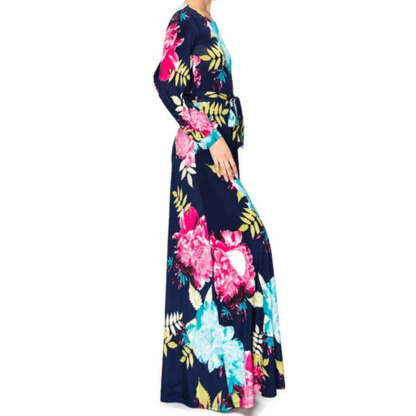 Flower Bomb Boat Neck Long Bell Sleeve Maxi Evening Dress