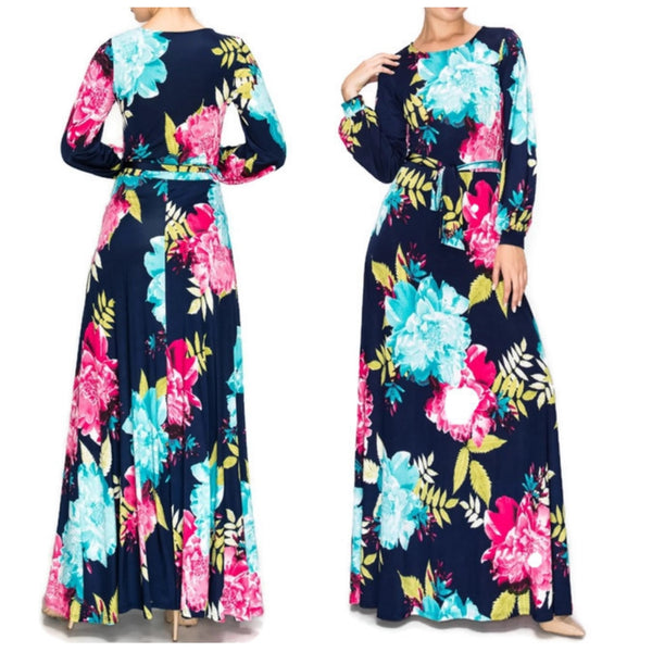 Flower Bomb Boat Neck Long Bell Sleeve Maxi Evening Dress