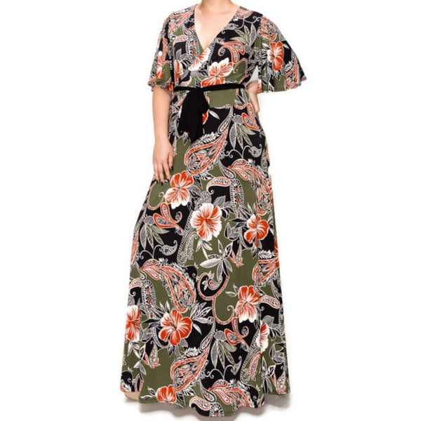 Olive Rust Hibiscus Floral Faux Wrap Plussize Maxi Dress