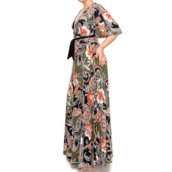 Olive Rust Hibiscus Floral Faux Wrap Plussize Maxi Dress