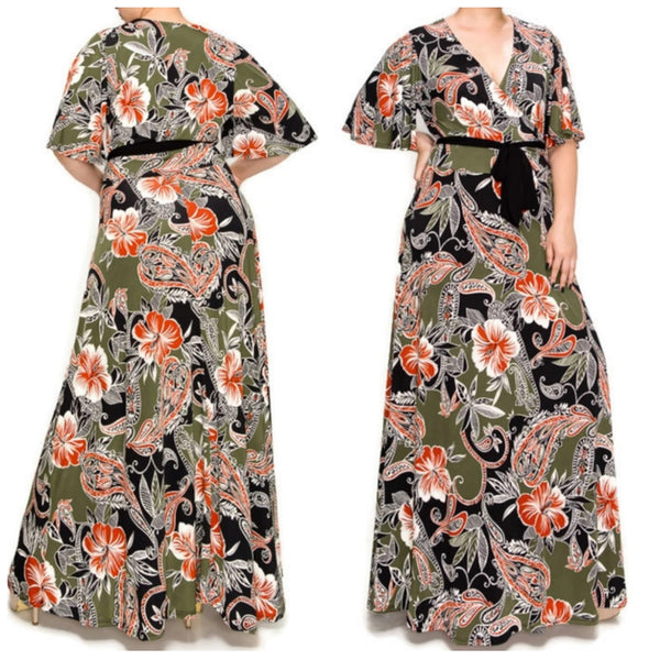 Olive Rust Hibiscus Floral Faux Wrap Plussize Maxi Dress