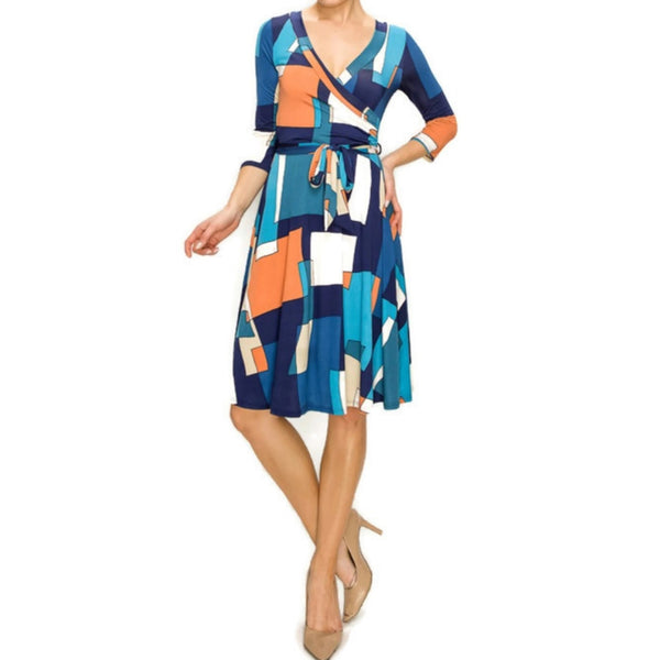 Blue Peach Faux Wrap Knee Length 3/4 Sleeve Dress