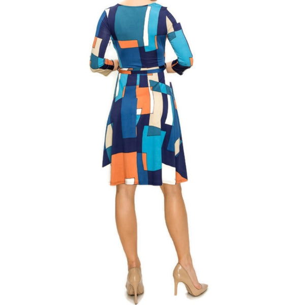 Blue Peach Faux Wrap Knee Length 3/4 Sleeve Dress