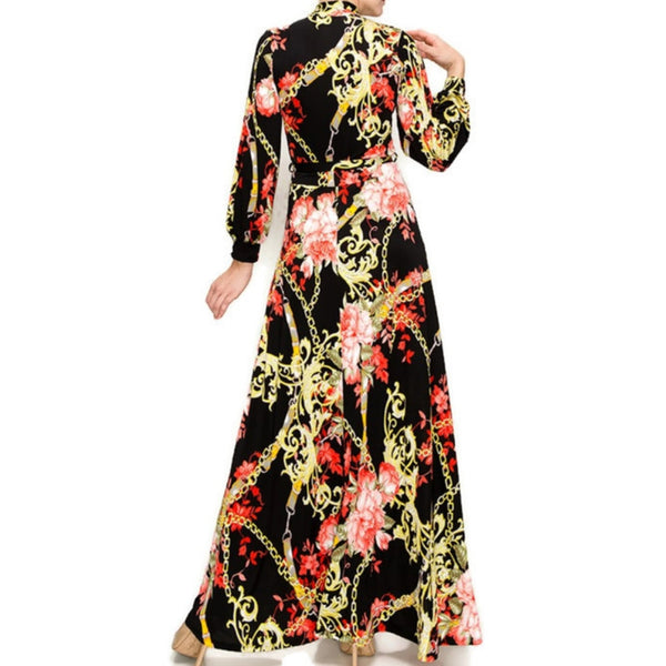 Red Floral Chain Ruffle Bow Tie Bell Long Sleeve Maxi Dress