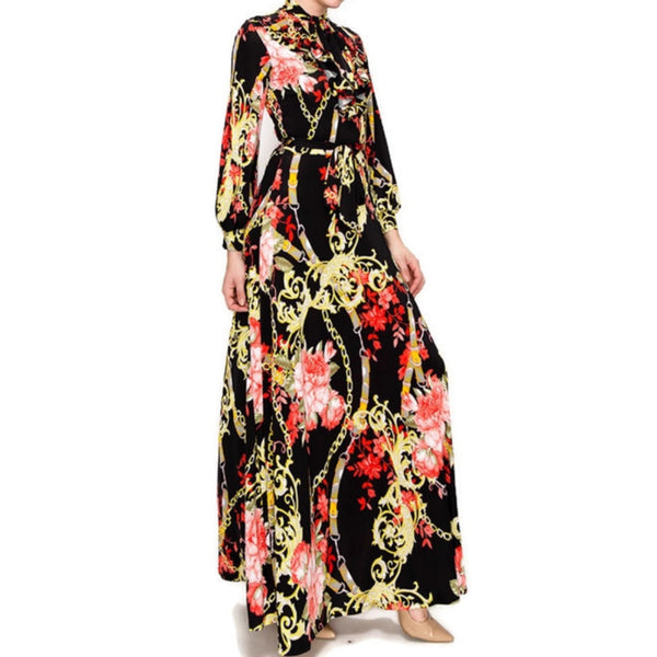 Red Floral Chain Ruffle Bow Tie Bell Long Sleeve Maxi Dress