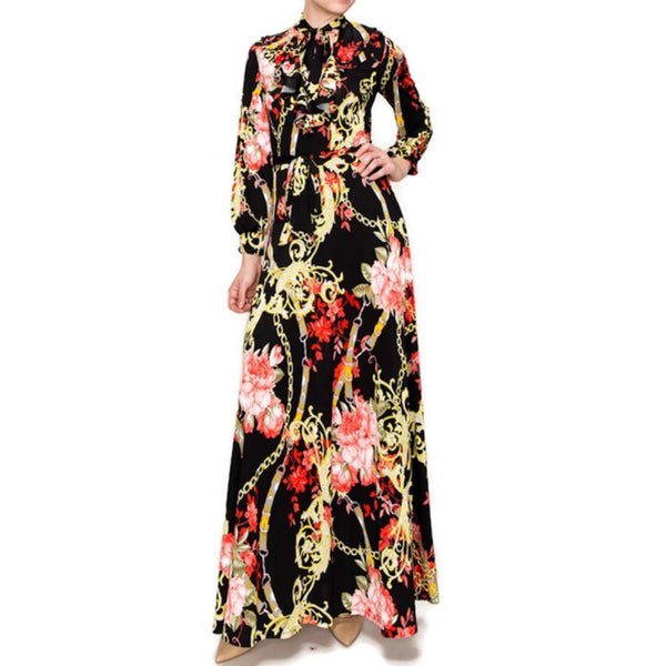 Red Floral Chain Ruffle Bow Tie Bell Long Sleeve Maxi Dress