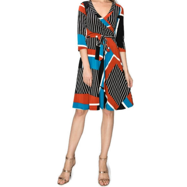 Blue Rust Faux Wrap Knee Length 3/4 Sleeve Dress