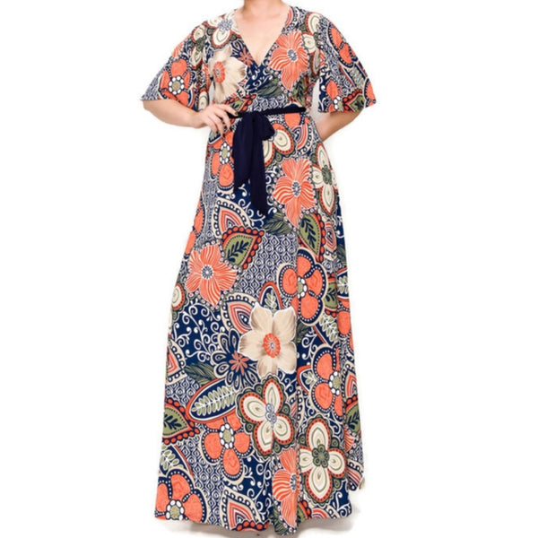 Navy Orange Floral Faux Wrap Maxi Plussize Dress