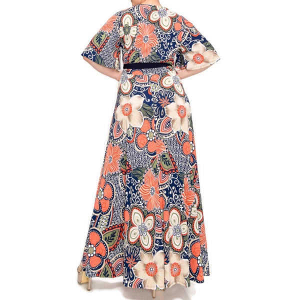 Navy Orange Floral Faux Wrap Maxi Plussize Dress