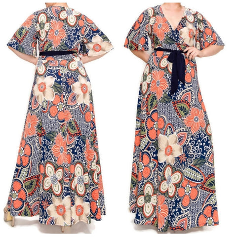 Navy Orange Floral Faux Wrap Maxi Plussize Dress