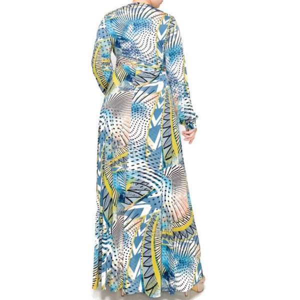 Blue Sea Breeze Faux Wrap Long Sleeve Maxi Plussize Dress