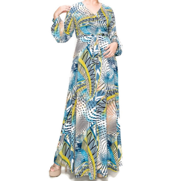 Blue Sea Breeze Faux Wrap Long Sleeve Maxi Plussize Dress