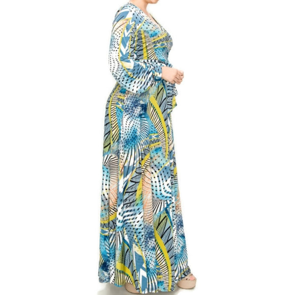 Blue Sea Breeze Faux Wrap Long Sleeve Maxi Plussize Dress