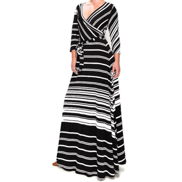 Black White Stripe Faux Wrap Maxi Plussize Dress