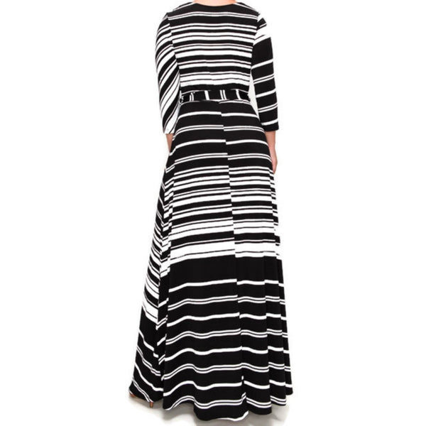 Black White Stripe Faux Wrap Maxi Plussize Dress