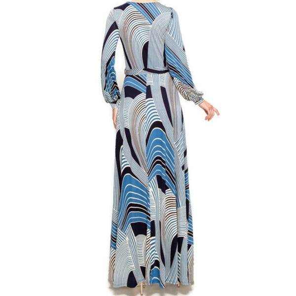 Blue Bliss Cream Swirl Long Sleeve Casual Maxi Dress