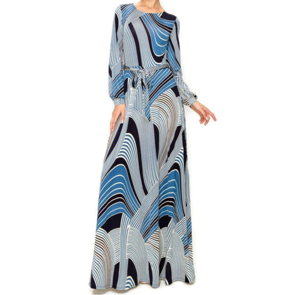 Blue Bliss Cream Swirl Long Sleeve Casual Maxi Dress