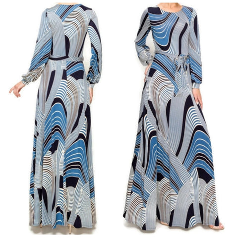 Blue Bliss Cream Swirl Long Sleeve Casual Maxi Dress