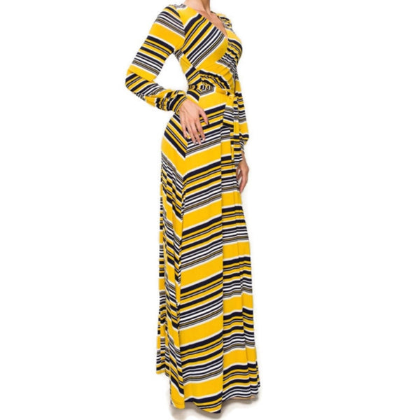 Yellow White Navy Stripe Faux Wrap Long Sleeve Maxi Dress