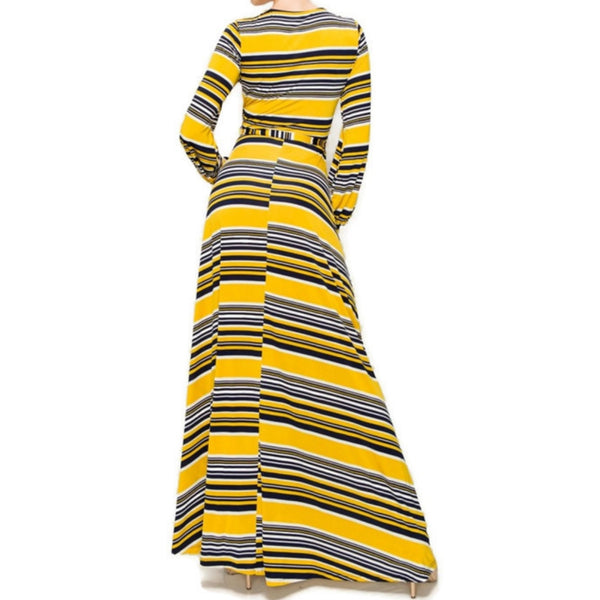 Yellow White Navy Stripe Faux Wrap Long Sleeve Maxi Dress