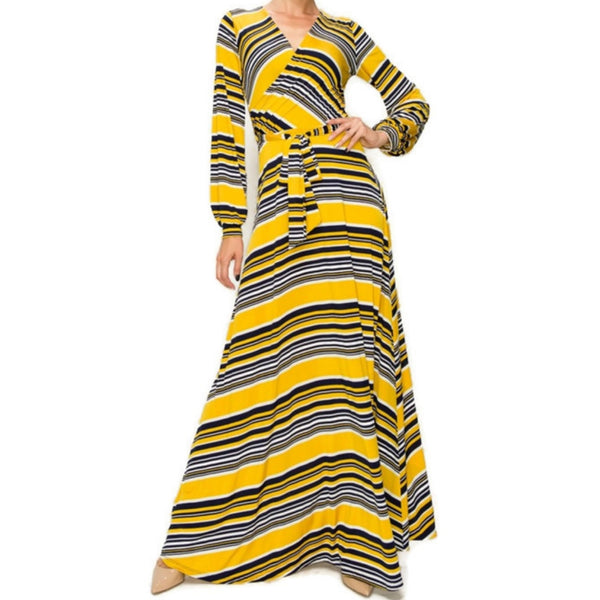 Yellow White Navy Stripe Faux Wrap Long Sleeve Maxi Dress