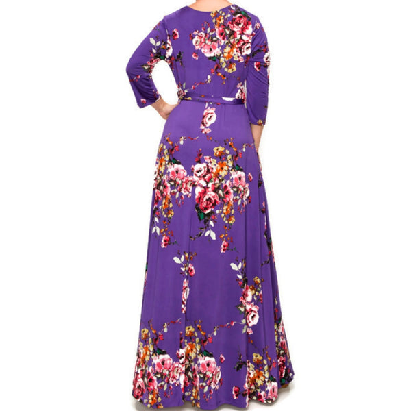 Purple Floral Faux Wrap 3/4 Sleeve Plussize Maxi Dress