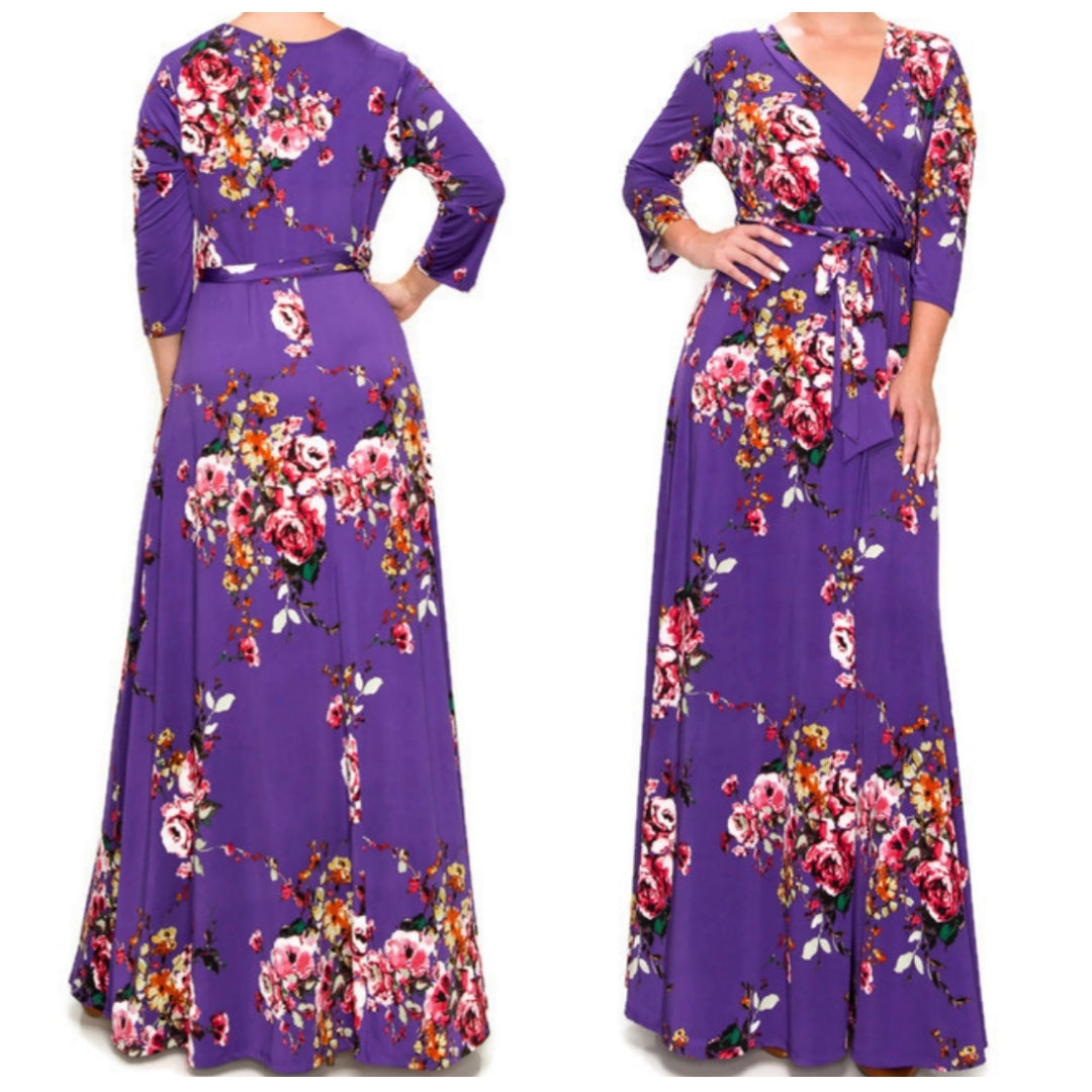 Purple Floral Faux Wrap 3/4 Sleeve Plussize Maxi Dress