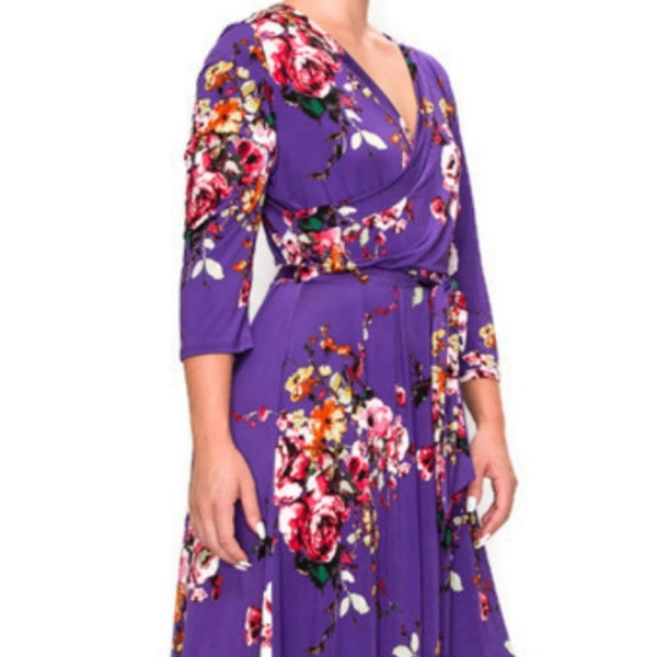 Purple Floral Faux Wrap 3/4 Sleeve Plussize Maxi Dress