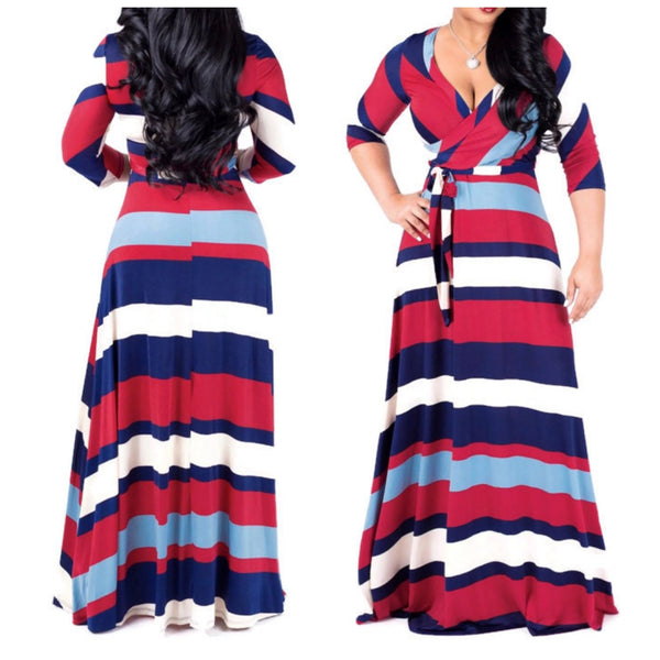 Red Navy White Bold Stripe Faux Wrap 3/4 Sleeve Long Maxi Dress