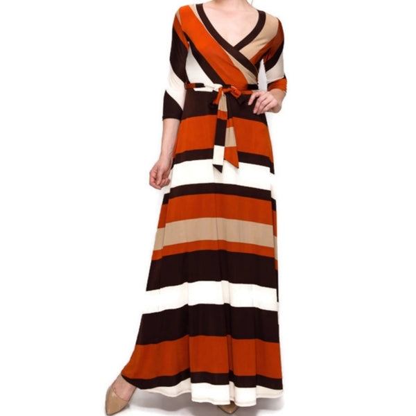 Rust Brown Bold Stripe Faux Wrap 3/4 Sleeve Maxi Dress