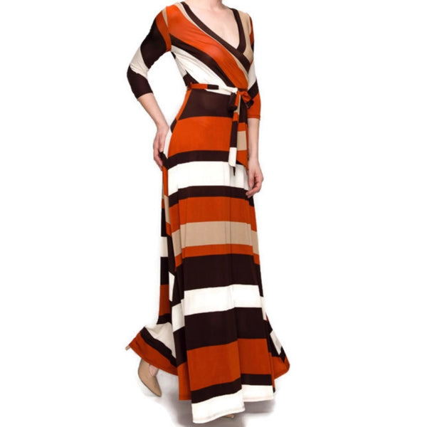 Rust Brown Bold Stripe Faux Wrap 3/4 Sleeve Maxi Dress