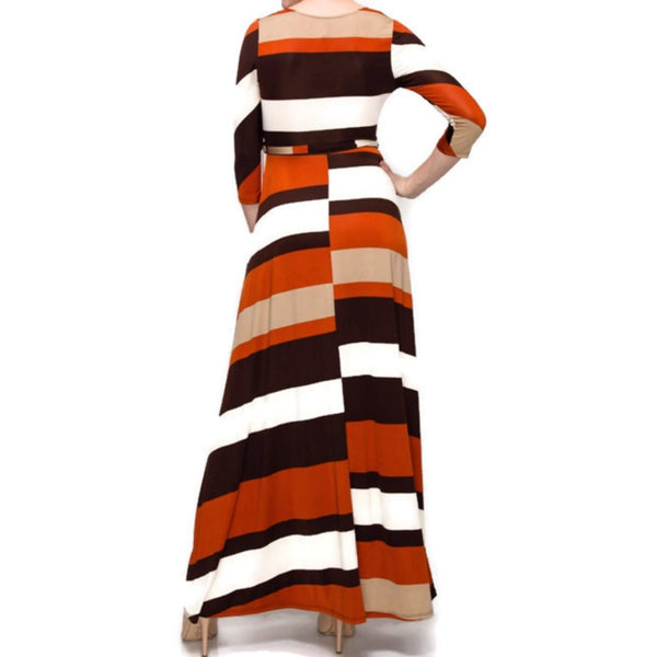 Rust Brown Bold Stripe Faux Wrap 3/4 Sleeve Maxi Dress