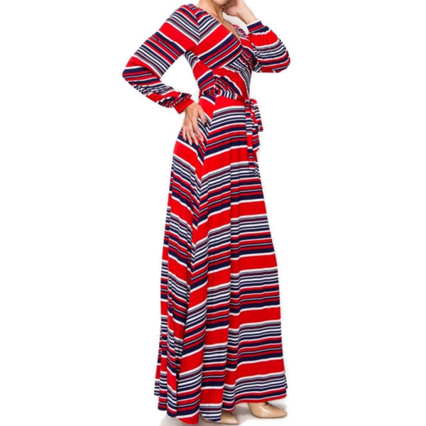 Red White Navy Stripe Faux Wrap Long Sleeve Maxi Dress