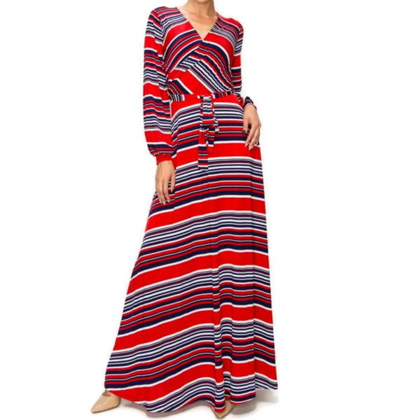 Red White Navy Stripe Faux Wrap Long Sleeve Maxi Dress