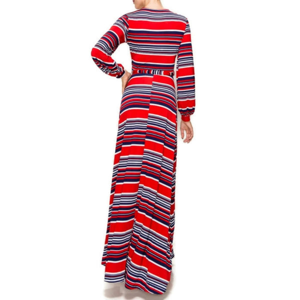 Red White Navy Stripe Faux Wrap Long Sleeve Maxi Dress