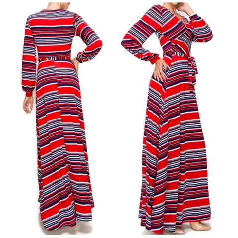 Red White Navy Stripe Faux Wrap Long Sleeve Maxi Dress