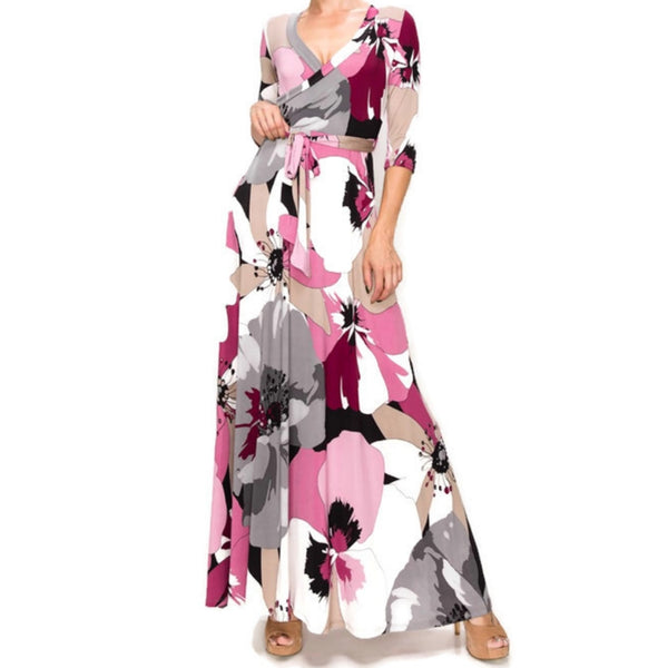 Purple Gray Floral Faux Wrap 3/4 Sleeve Maxi Dress