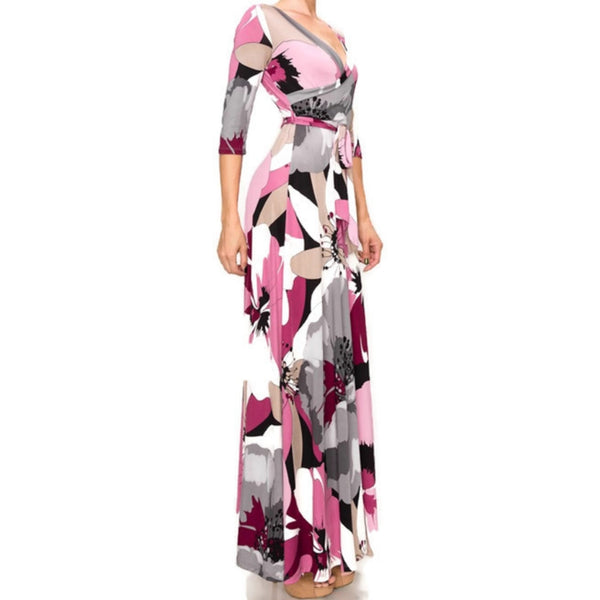 Purple Gray Floral Faux Wrap 3/4 Sleeve Maxi Dress