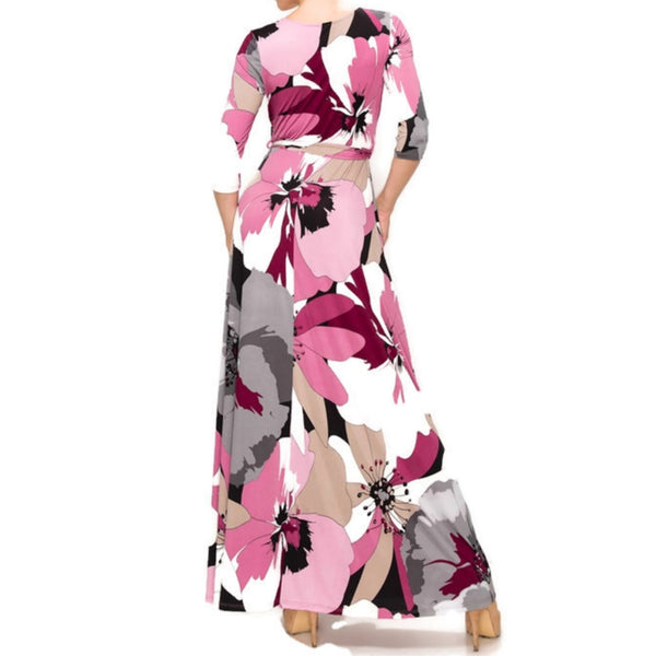 Purple Gray Floral Faux Wrap 3/4 Sleeve Maxi Dress