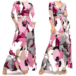 Purple Gray Floral Faux Wrap 3/4 Sleeve Maxi Dress