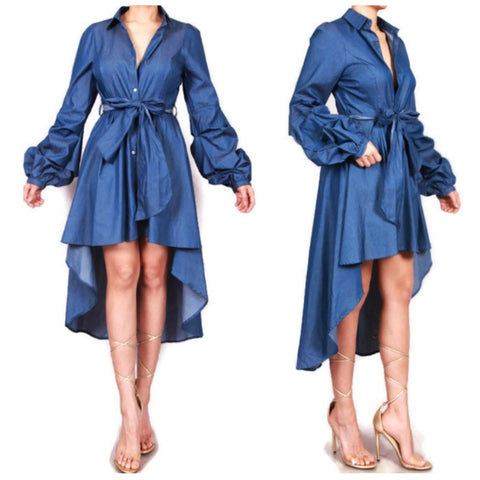 Blue Denim Hi Low Bell Long Sleeve Shirt Dress