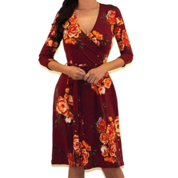 Got Style Burgundy Floral Faux Wrap Casual Party Midi Dress