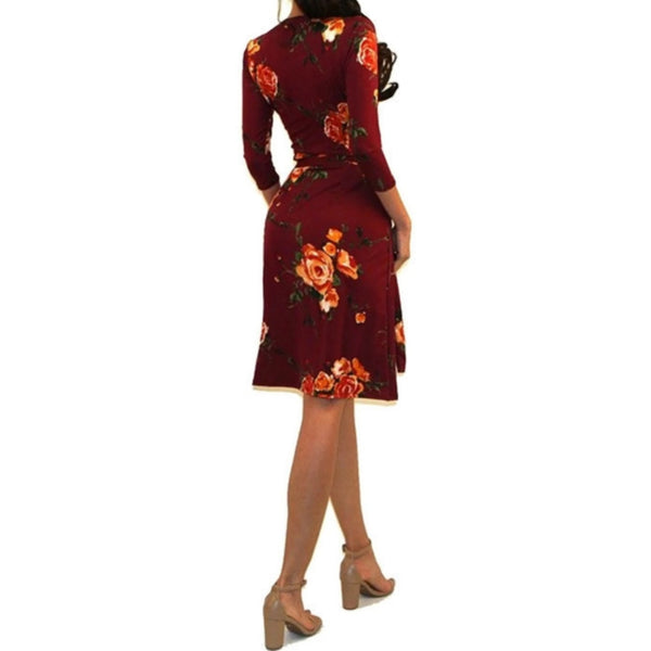 Got Style Burgundy Floral Faux Wrap Casual Party Midi Dress