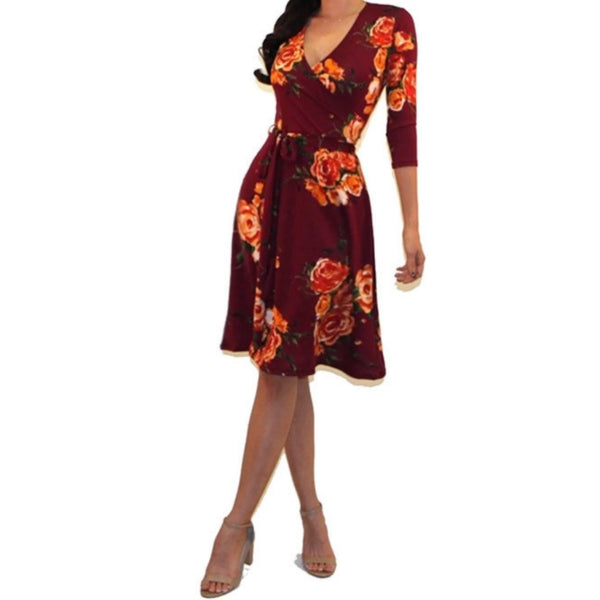 Got Style Burgundy Floral Faux Wrap Casual Party Midi Dress