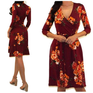 Got Style Burgundy Floral Faux Wrap Casual Party Midi Dress