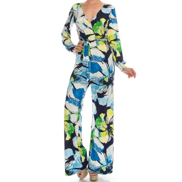 Blue Watercolor Floral Long Bell Sleeve Jumpsuit