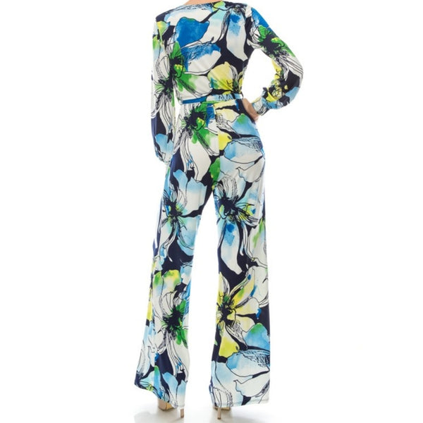 Blue Watercolor Floral Long Bell Sleeve Jumpsuit