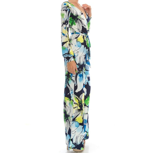 Blue Watercolor Floral Long Bell Sleeve Jumpsuit