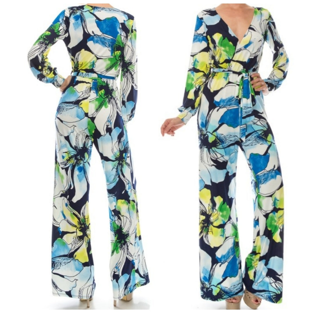 Blue Watercolor Floral Long Bell Sleeve Jumpsuit